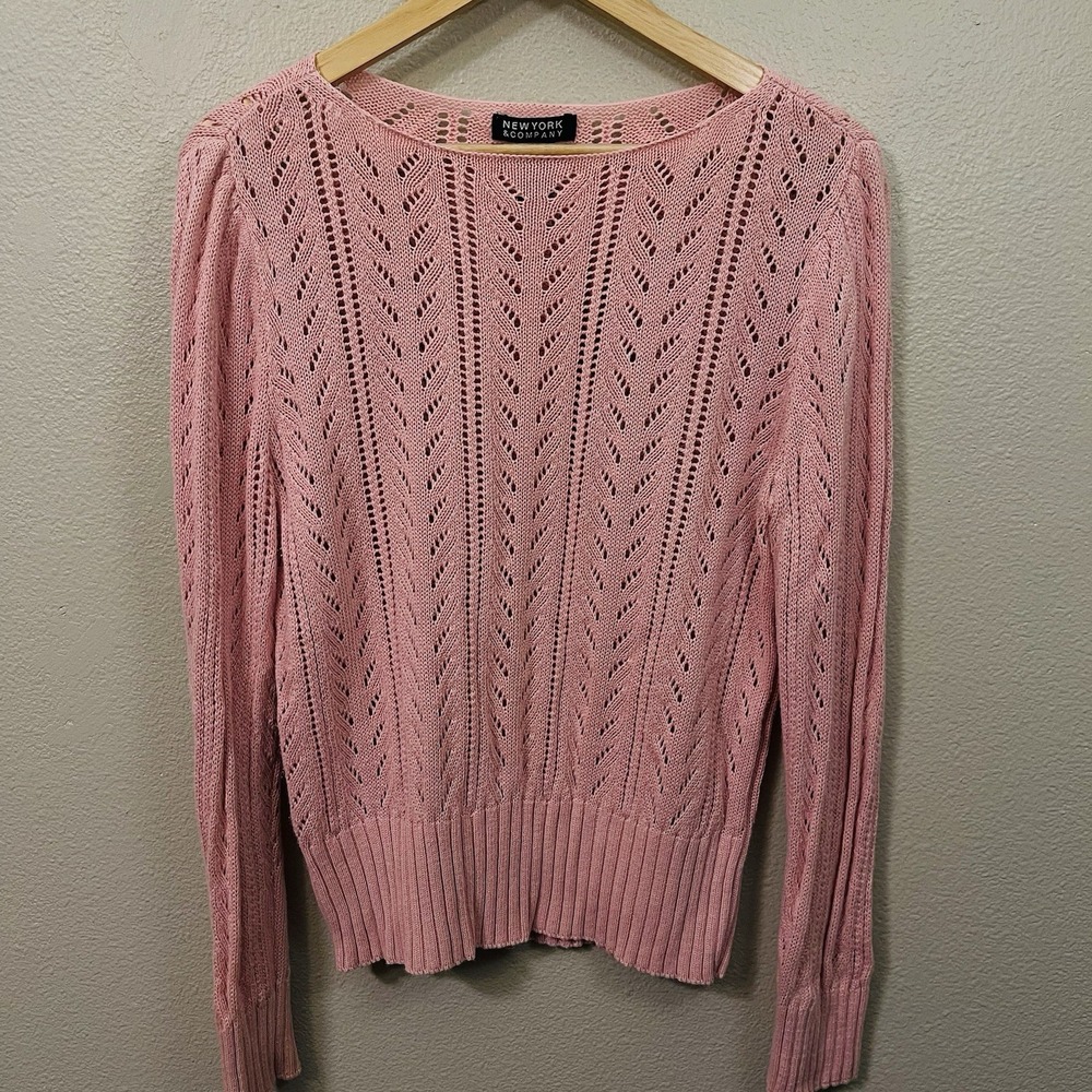 New York Company Open Knit Sweater‎ Pale Pink Preppy Romantic Easter Spring Sz L